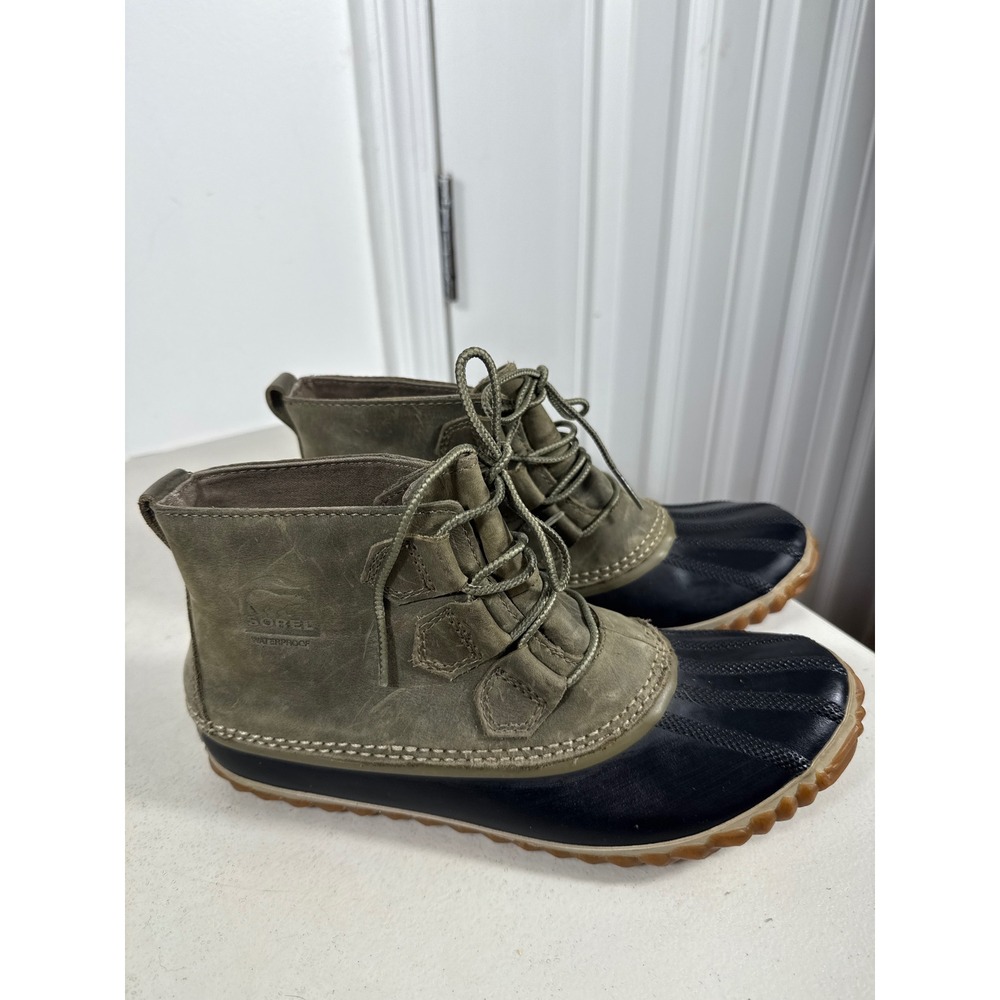 Sorel Out N About Plus Waterproof Duck Boots Sage Green Black Leather Rubber Sz9